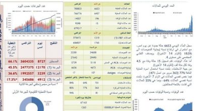 Photo of وزارة الصحة: 6653 إصابة جديدة بكورونا و15 وفاة